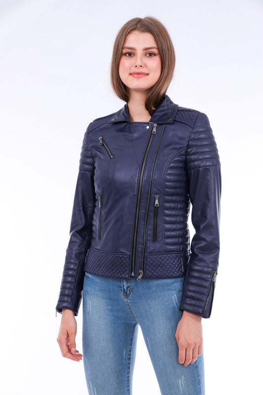 Milani Navy Blue Quilted Leather Biker Jacket - Premium Nappa Lambskin Women's Motorcycle Jacket - Style Queenz
