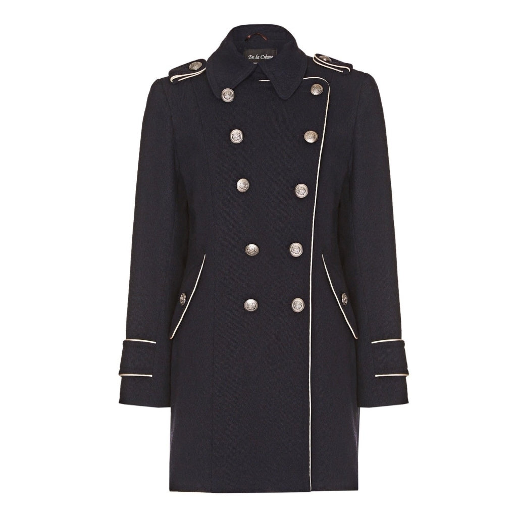 Navy blue coat with silver buttons on a white background