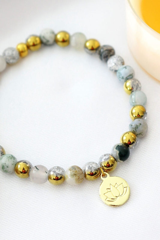Mossy Agate Healing Bracelet with 24K Gold Lotus Charm - Natural Crystal Jewelry - Style Queenz