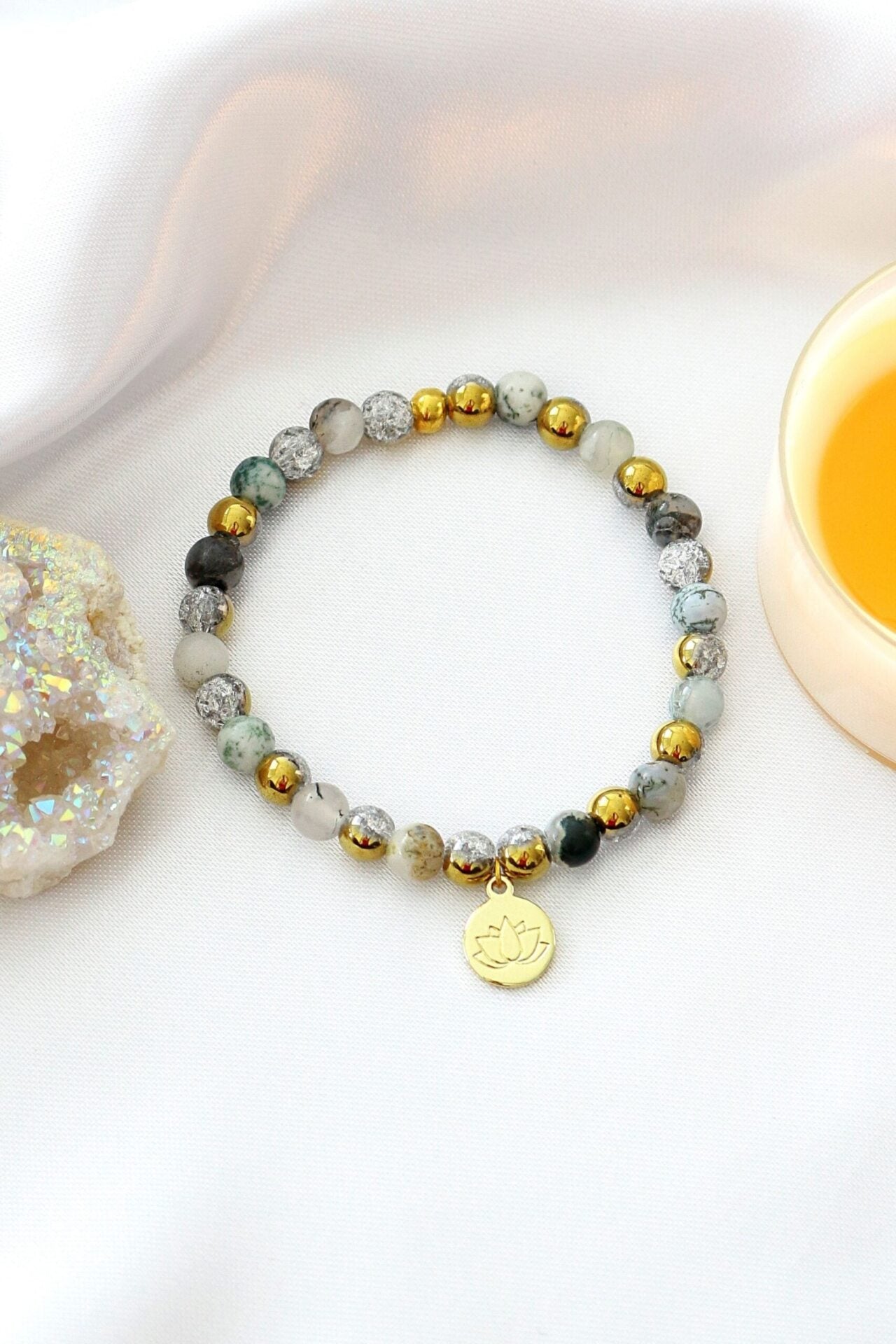 Mossy Agate Healing Bracelet with 24K Gold Lotus Charm - Natural Crystal Jewelry - Style Queenz