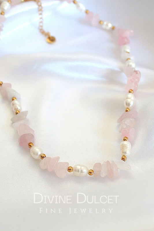 Natural Rose Quartz & Freshwater Pearl Choker - Healing Crystal Jewelry - Style Queenz