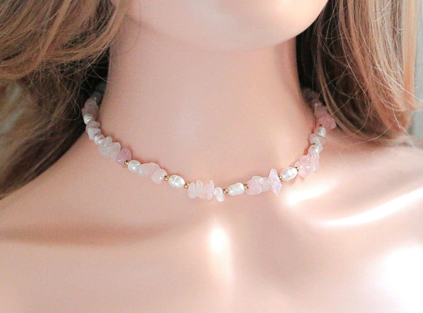 Natural Rose Quartz & Freshwater Pearl Choker - Healing Crystal Jewelry - Style Queenz