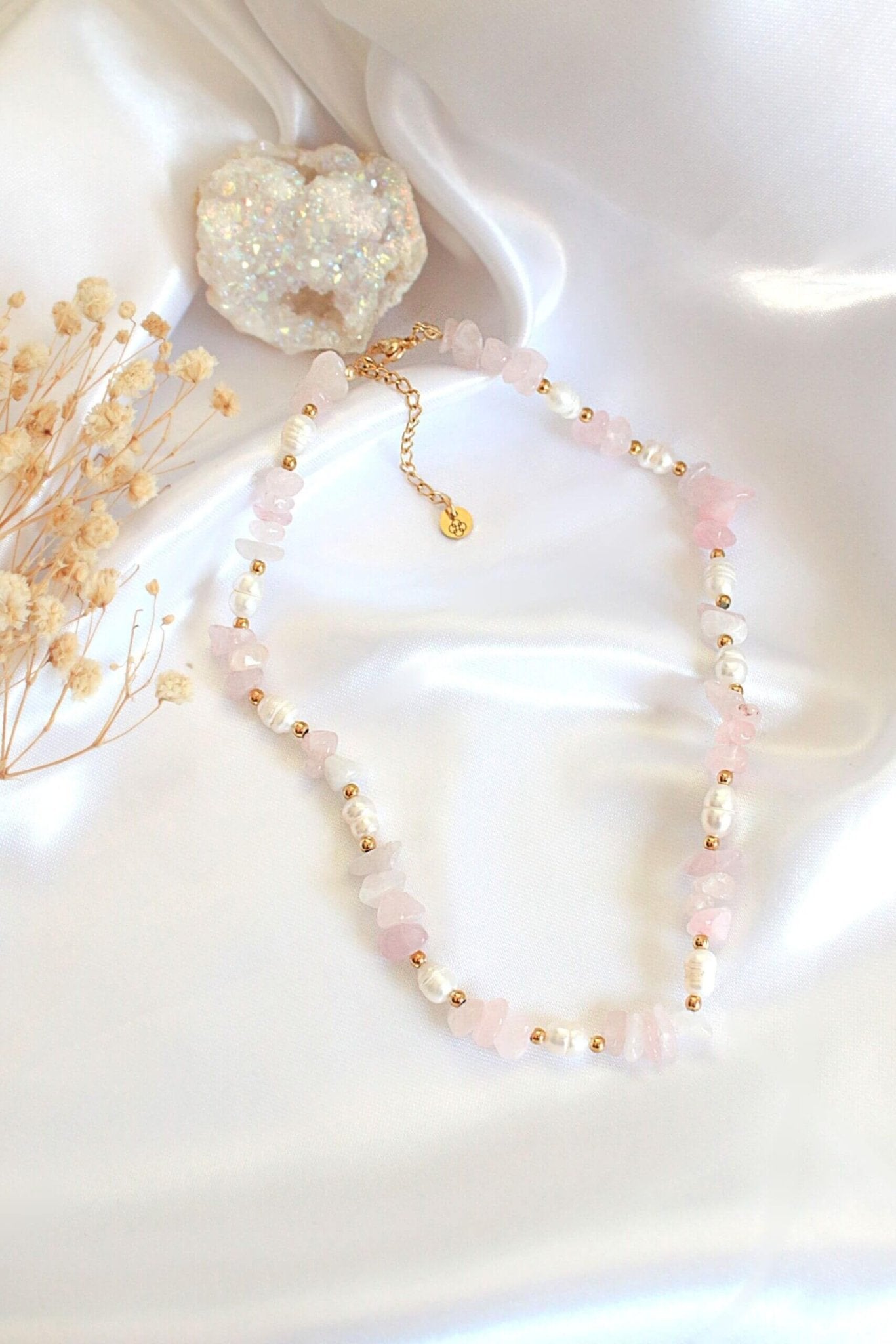 Natural Rose Quartz & Freshwater Pearl Choker - Healing Crystal Jewelry - Style Queenz