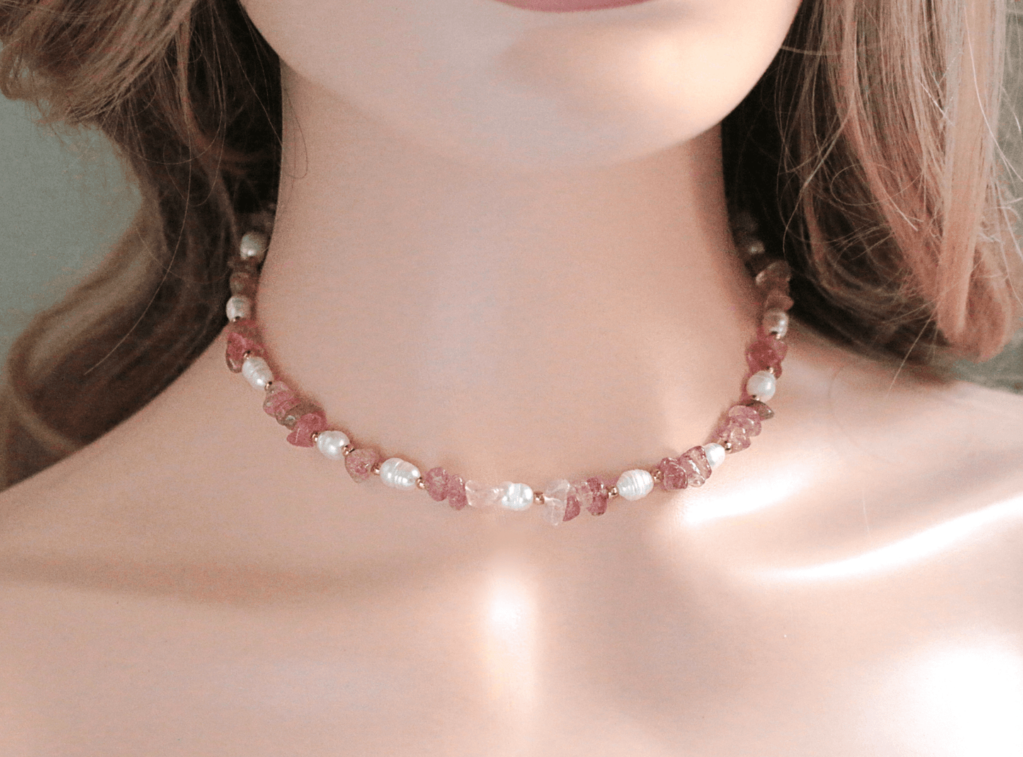 Natural Strawberry Quartz Crystal Choker with Freshwater Pearls - Healing Jewelry - Style Queenz