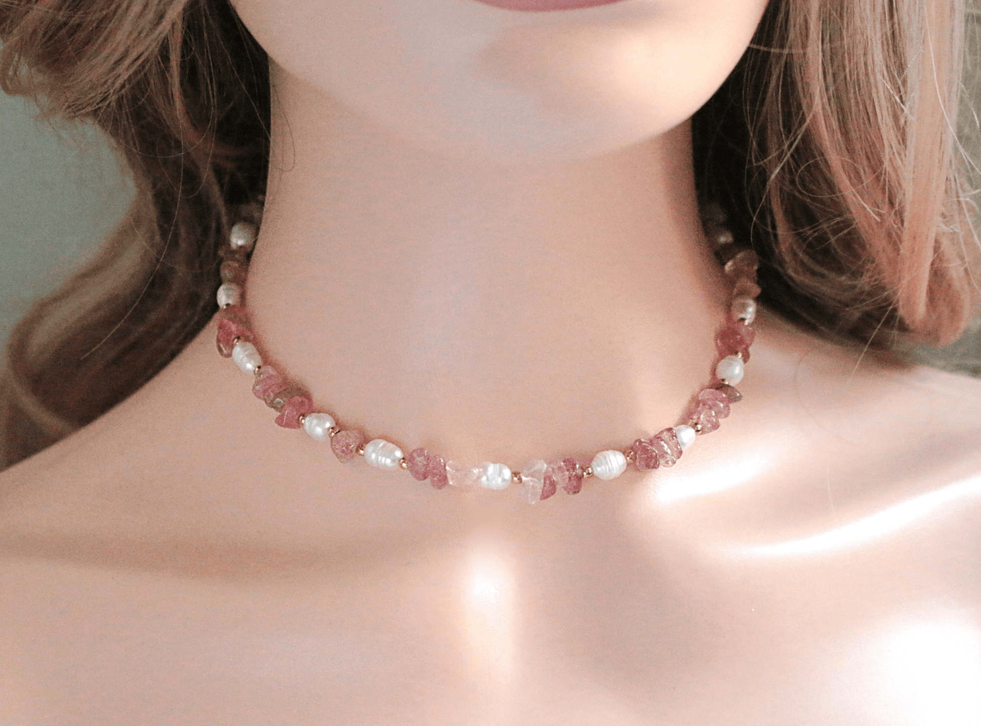 Natural Strawberry Quartz Crystal Choker with Freshwater Pearls - Healing Jewelry - Style Queenz