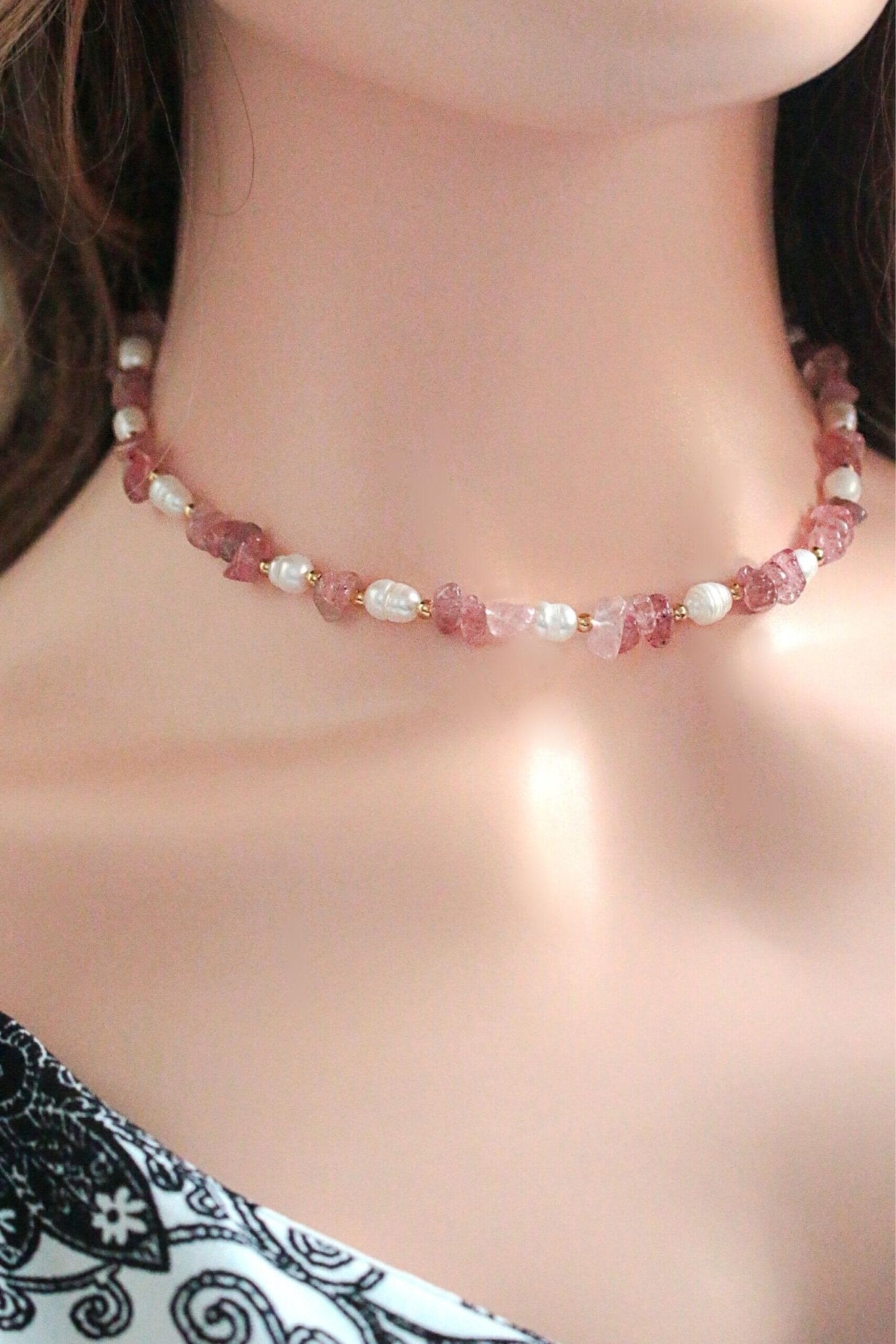 Natural Strawberry Quartz Crystal Choker with Freshwater Pearls - Healing Jewelry - Style Queenz