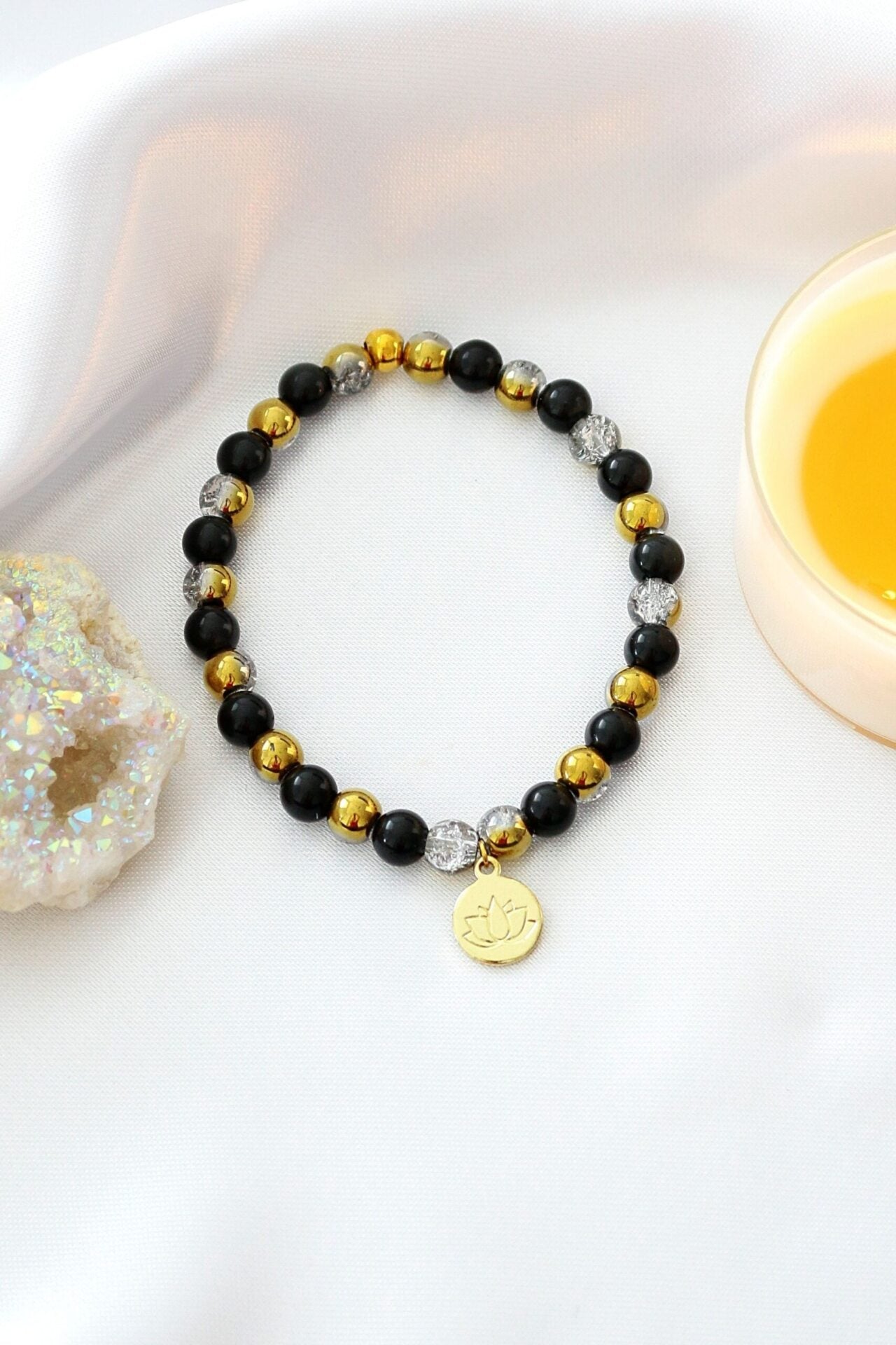 Obsidian Elastic Bracelet | 24K Lotus Flower Charm - Style Queenz