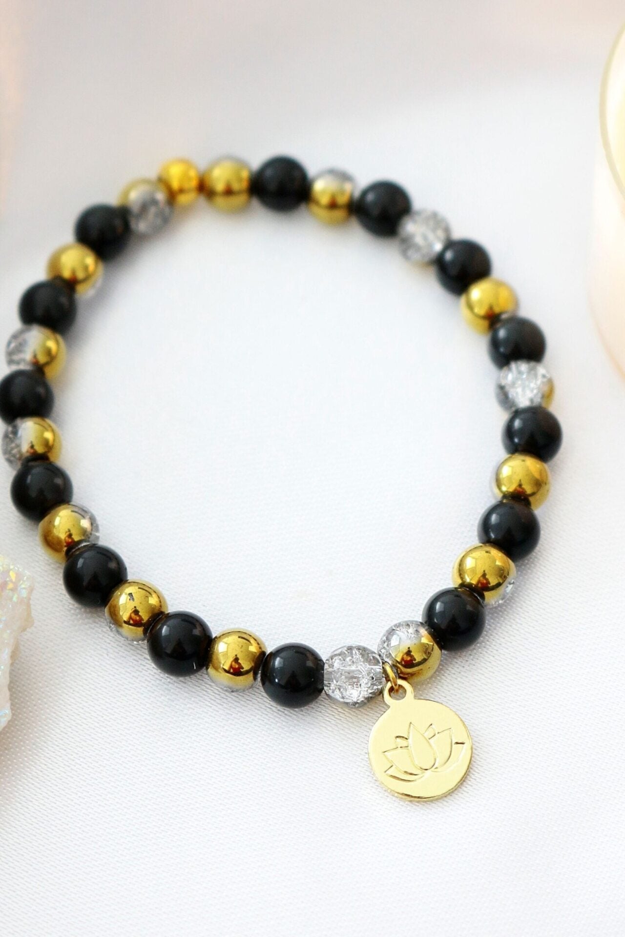 Obsidian Elastic Bracelet | 24K Lotus Flower Charm - Style Queenz