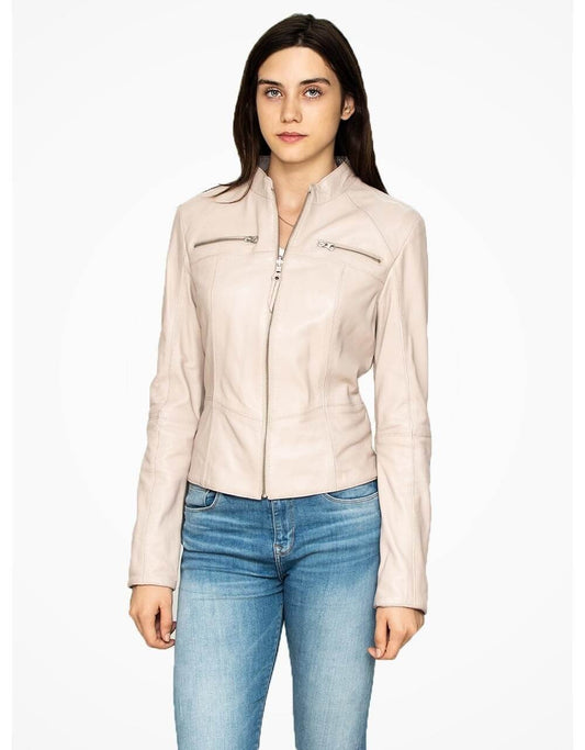 Off White Leather Motorcycle Jacket Women - Premium Genuine Leather Design - Style Queenz