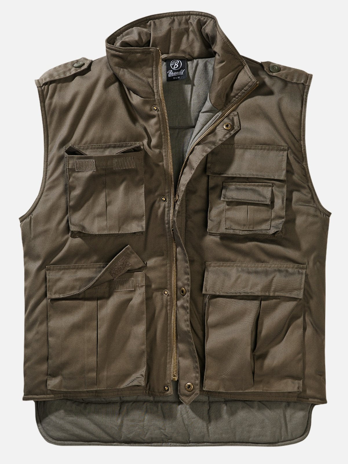 Brown vest with multiple pockets on a white background