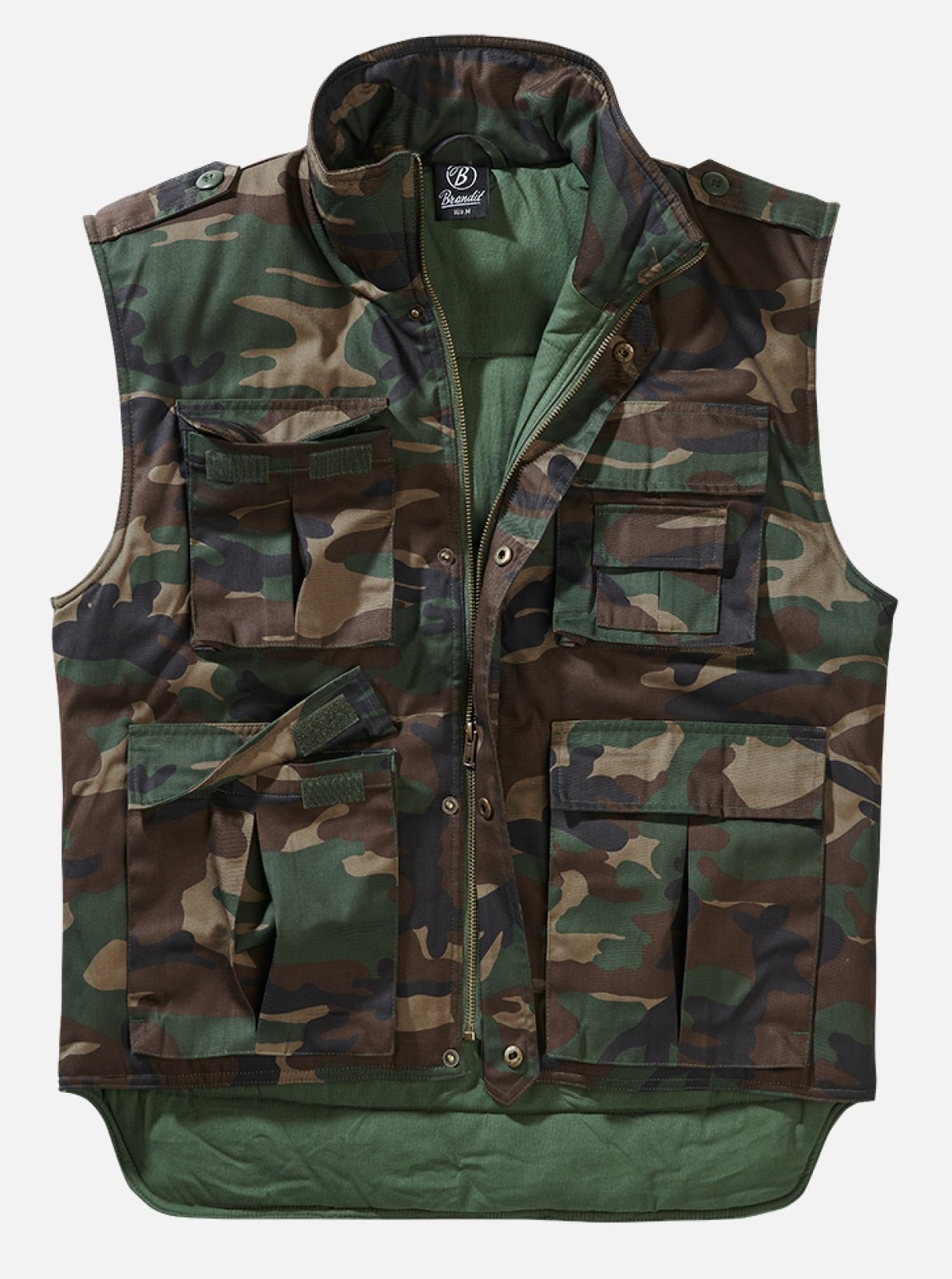 Camouflage vest with multiple pockets on a white background