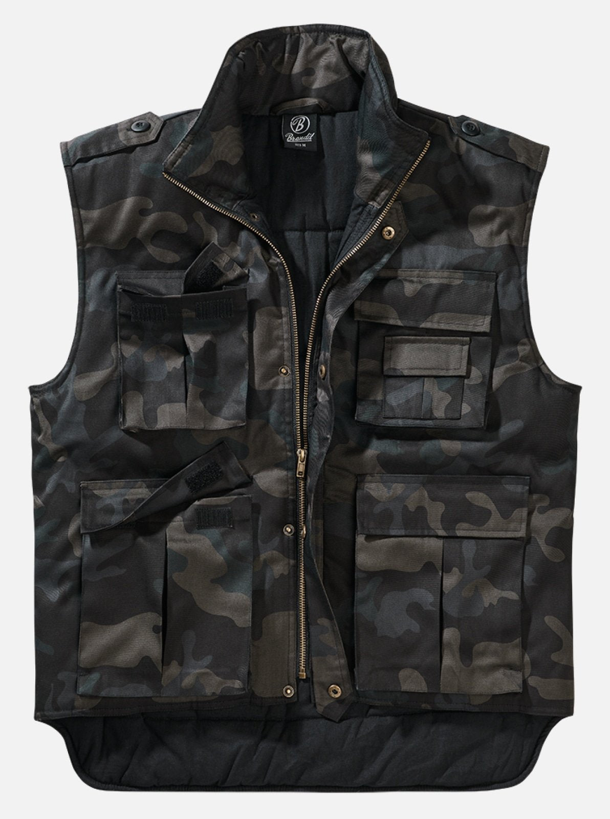 Camouflage vest with multiple pockets on a white background