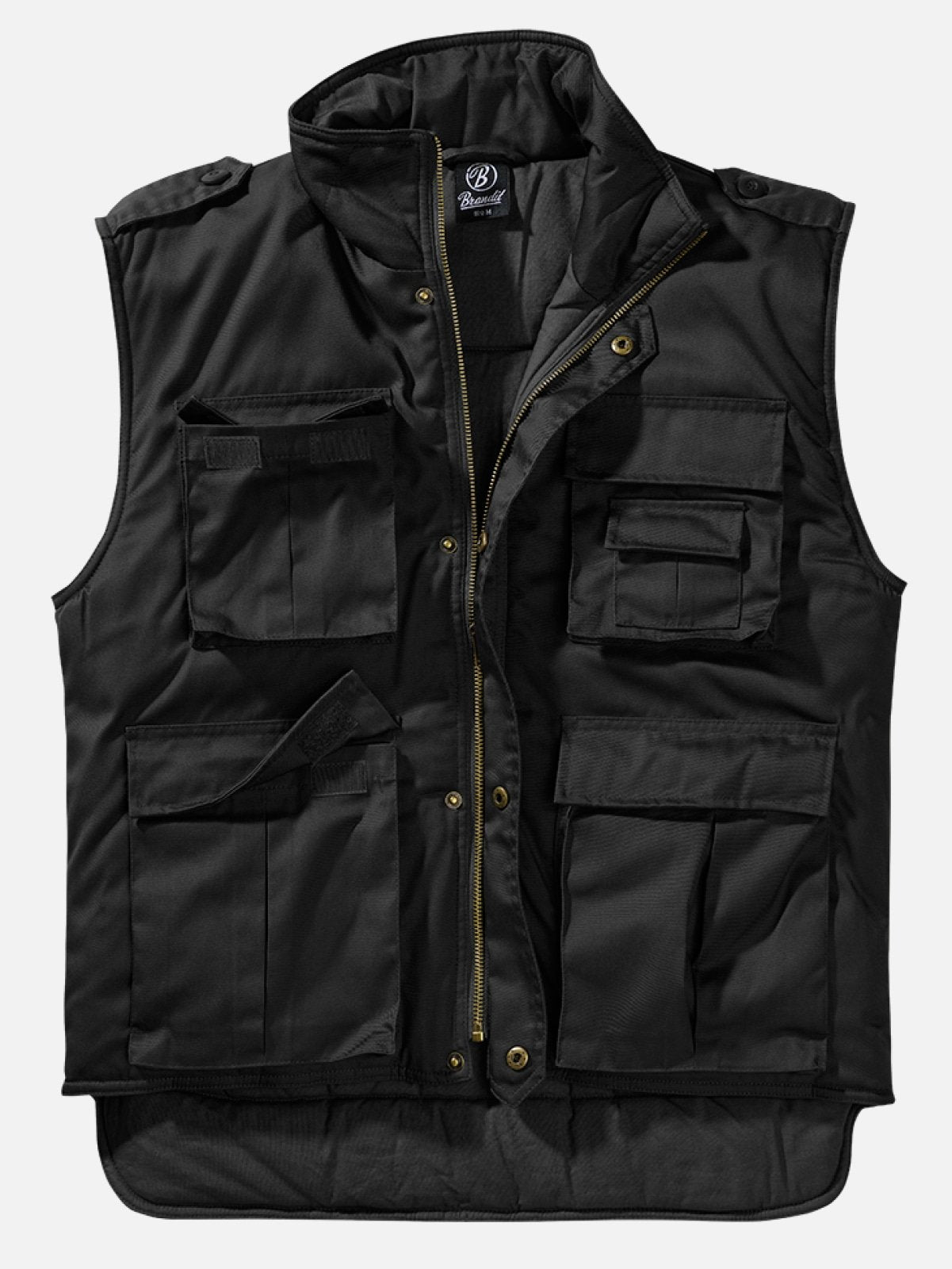 Black vest with multiple pockets on a white background