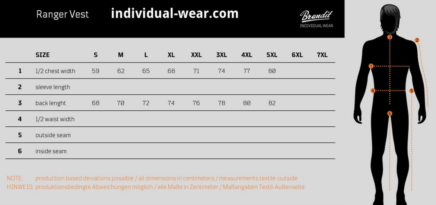 Ranger Vest size chart with measurements and Brandit logo