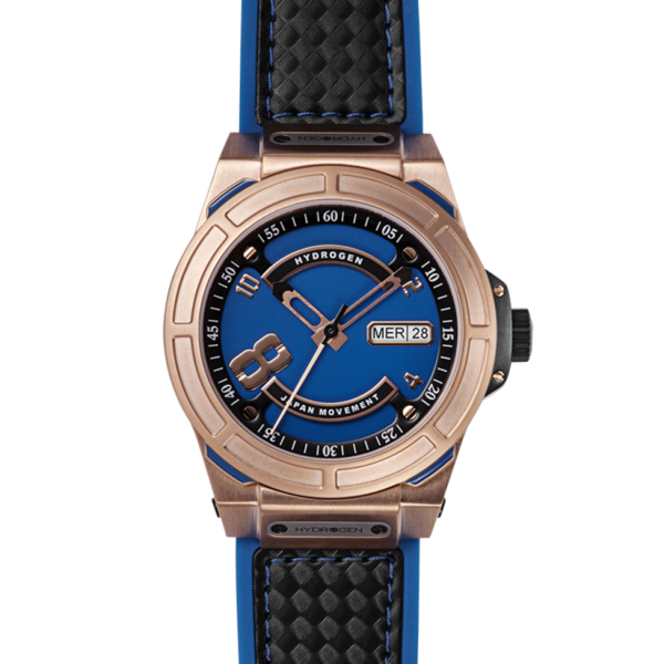 Watch with blue strap and rose gold casing on a white background