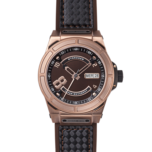 Rose gold watch with brown strap on a white background