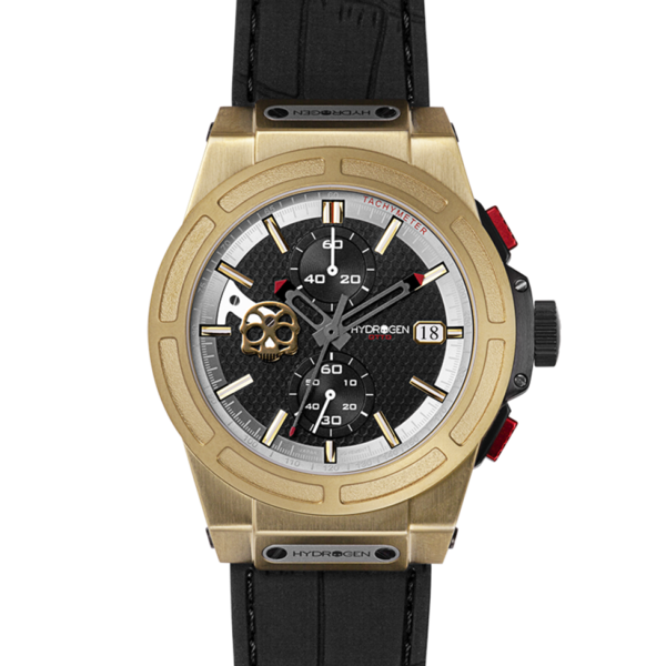 Gold wristwatch with black strap on a white background