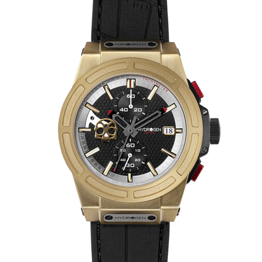 Gold wristwatch with black strap on a white background