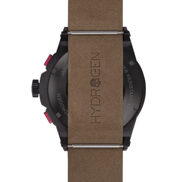 Watch with brown leather strap and Hydrogen branding on a white background