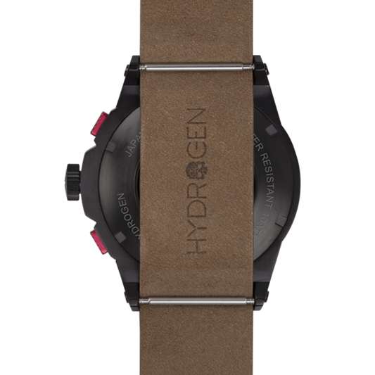 Watch with brown leather strap and Hydrogen branding on a white background