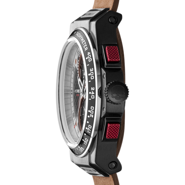 Close-up of a wristwatch with a brown strap and metallic casing on a white background