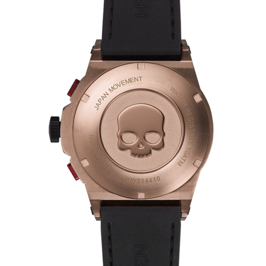 Back view of a watch with a skull design and 'Japan Movement' text on a white background