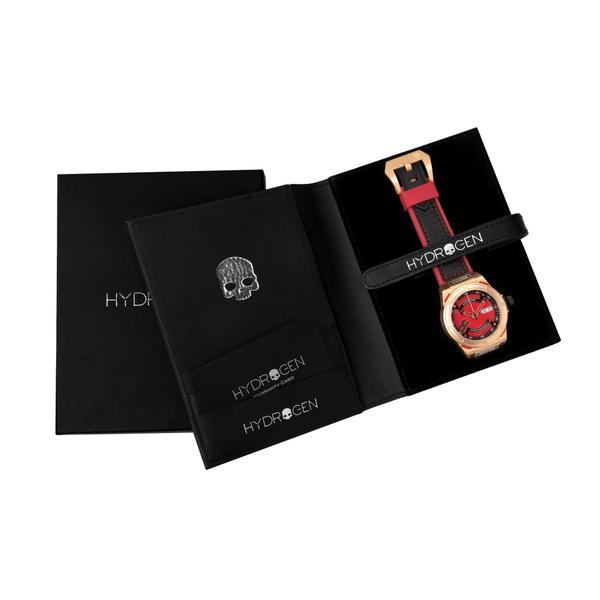 Watch with red face and black strap in a Hydrogen branded box on a white background