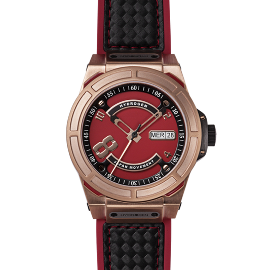 Watch with red and black strap on a white background