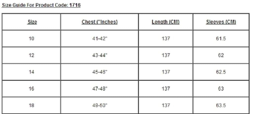 Size guide chart for product code 1715 with measurements in inches and centimeters.