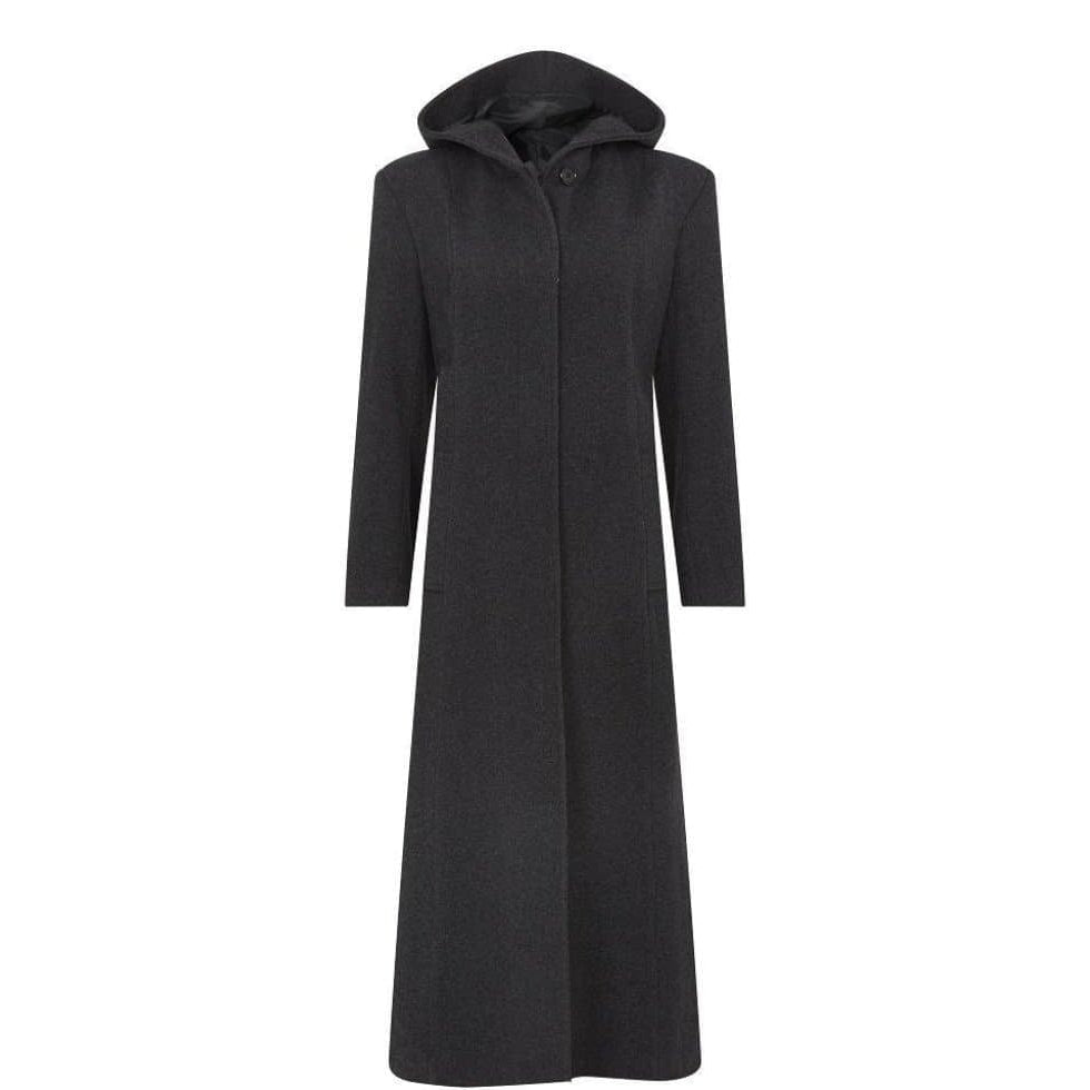 Long dark gray coat with a hood on a white background