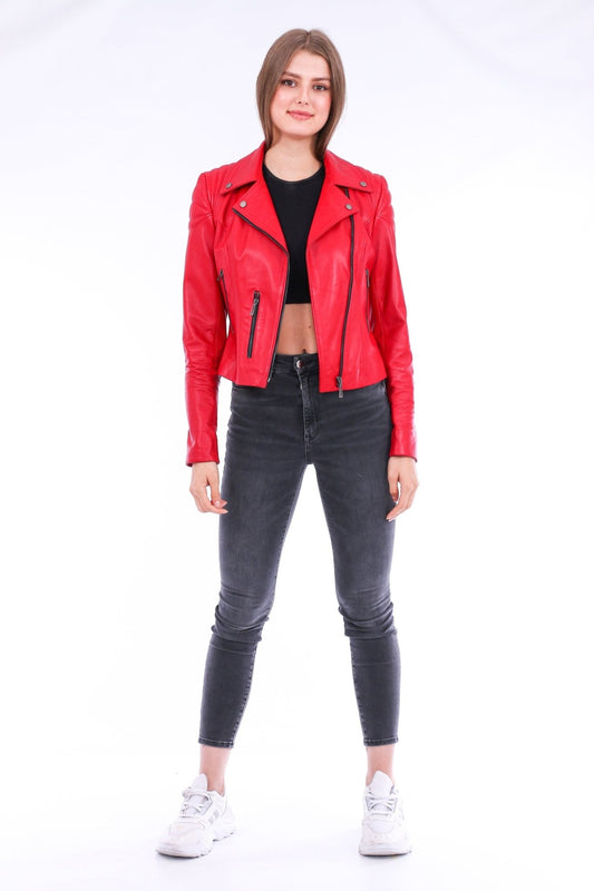 Palomi Red Leather Biker Jacket - Genuine Nappa Lambskin Motorcycle Jacket - Style Queenz