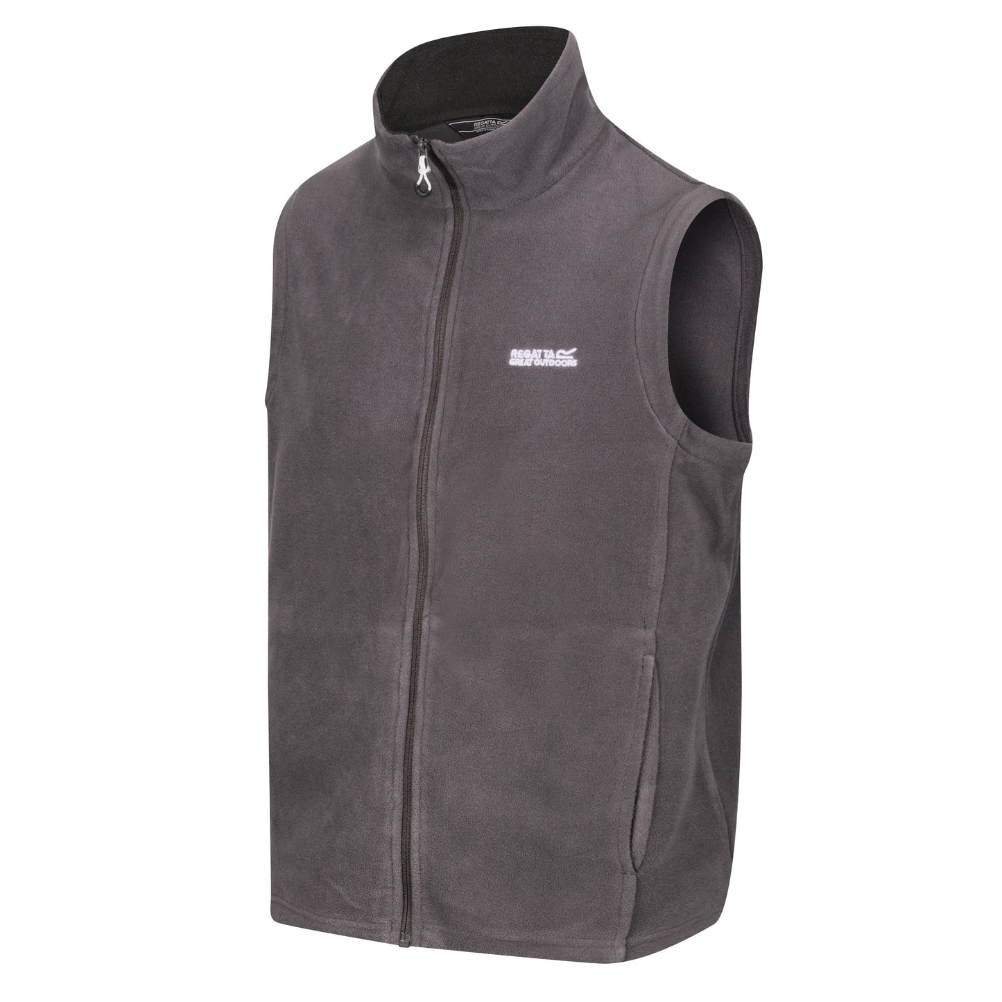 Gray fleece vest with a brand logo on a white background