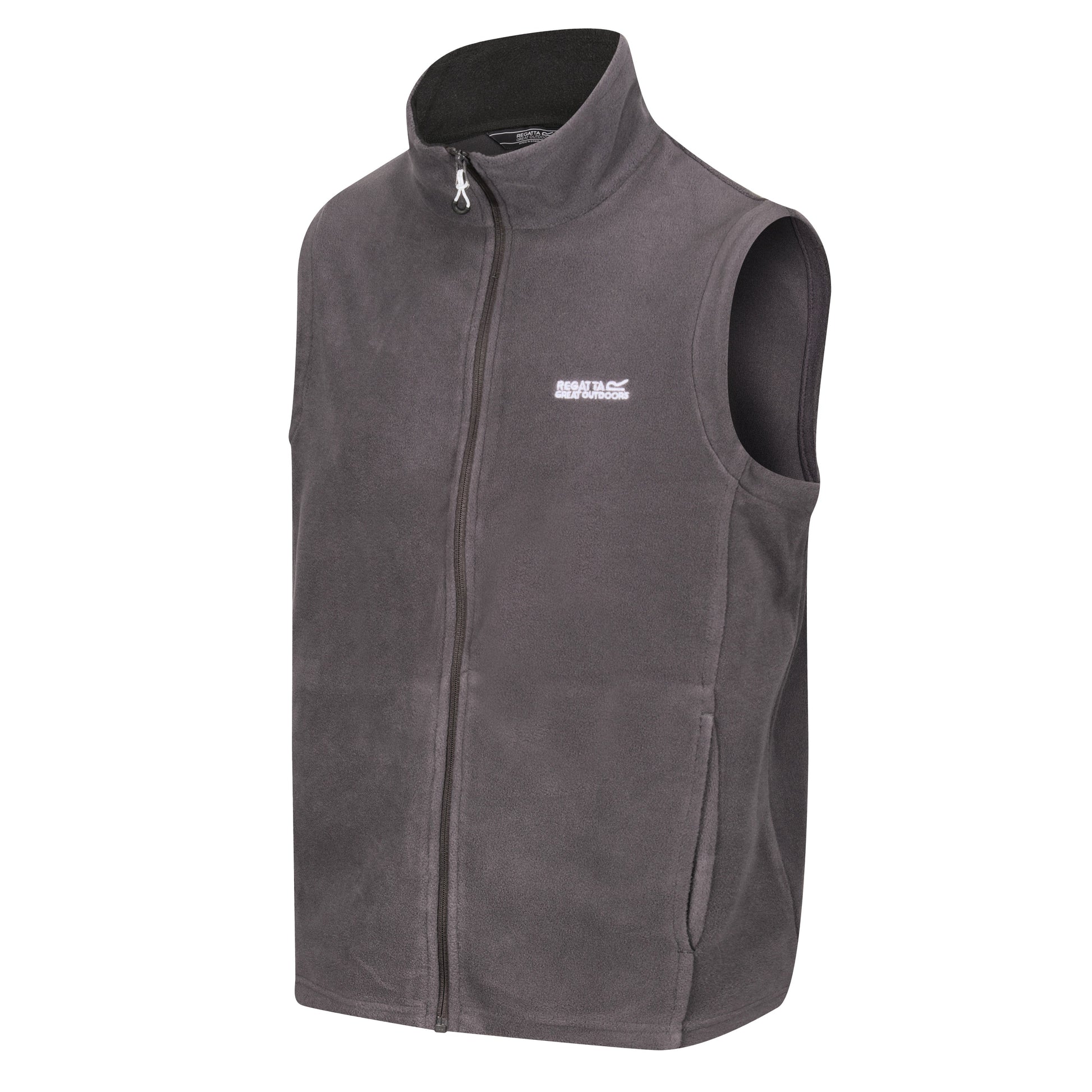 Gray fleece vest with a brand logo on a white background