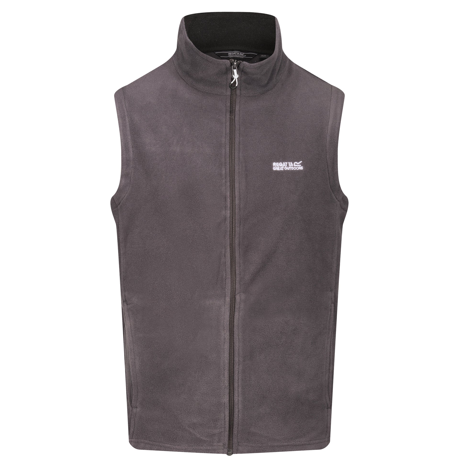 Gray fleece vest with a brand logo on a white background