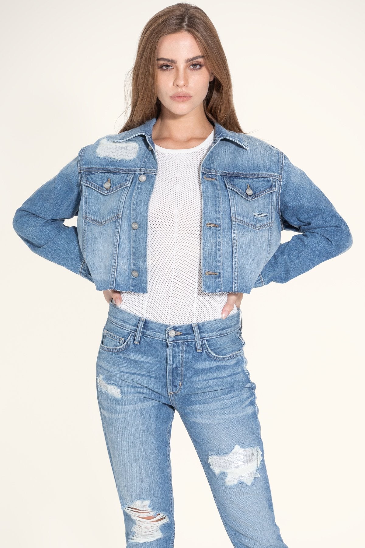 Pixie Oversized Crop Denim Jacket - Good Times Medium Wash - Style Queenz