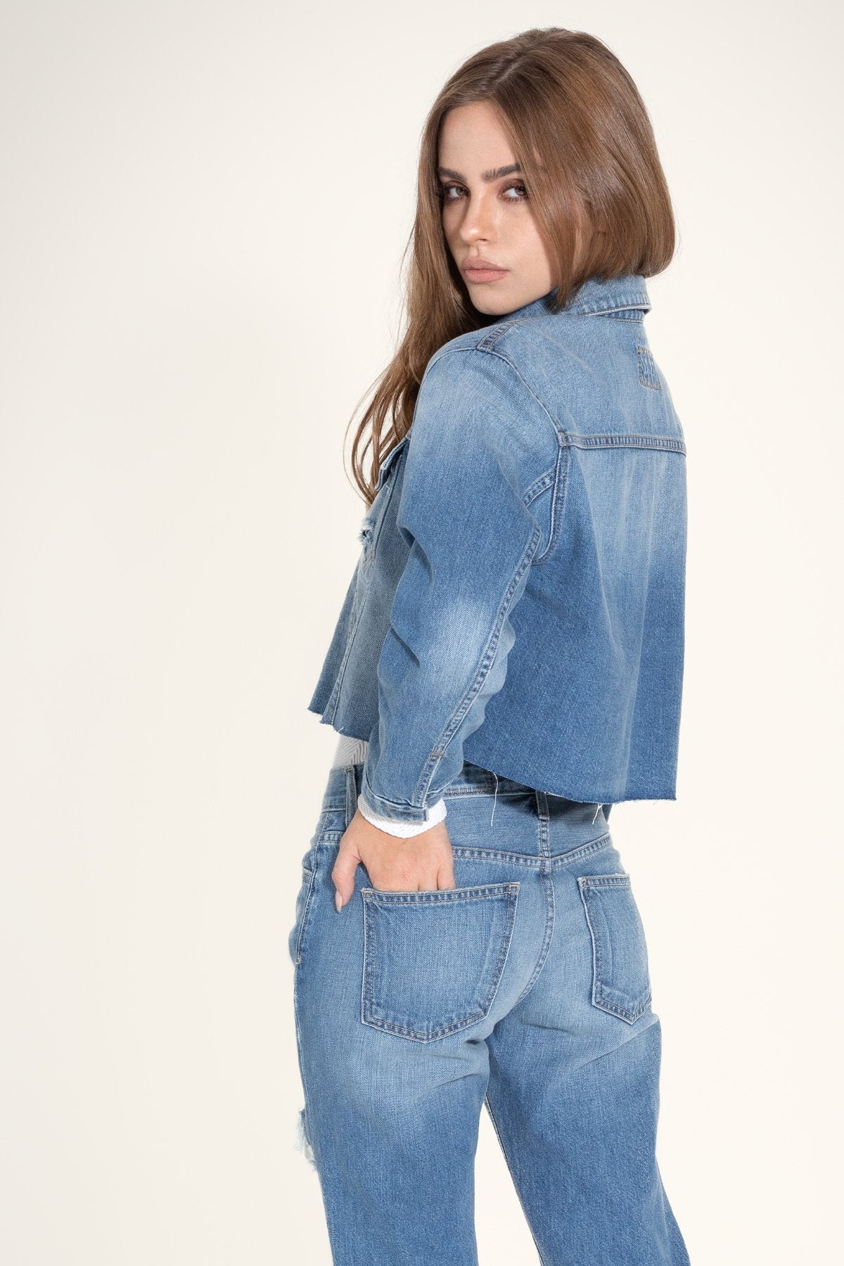 Pixie Oversized Crop Denim Jacket - Good Times Medium Wash - Style Queenz