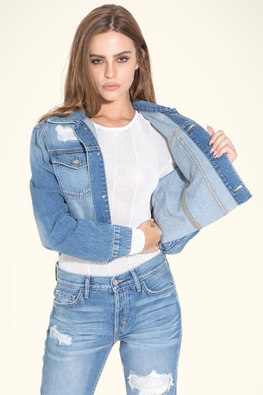 Pixie Oversized Crop Denim Jacket - Good Times Medium Wash - Style Queenz