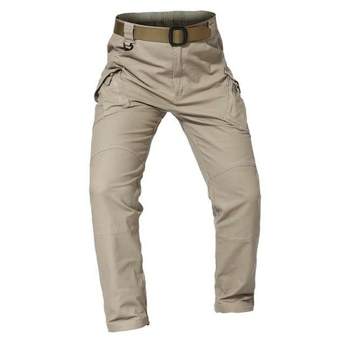 Beige tactical pants with a belt on a white background