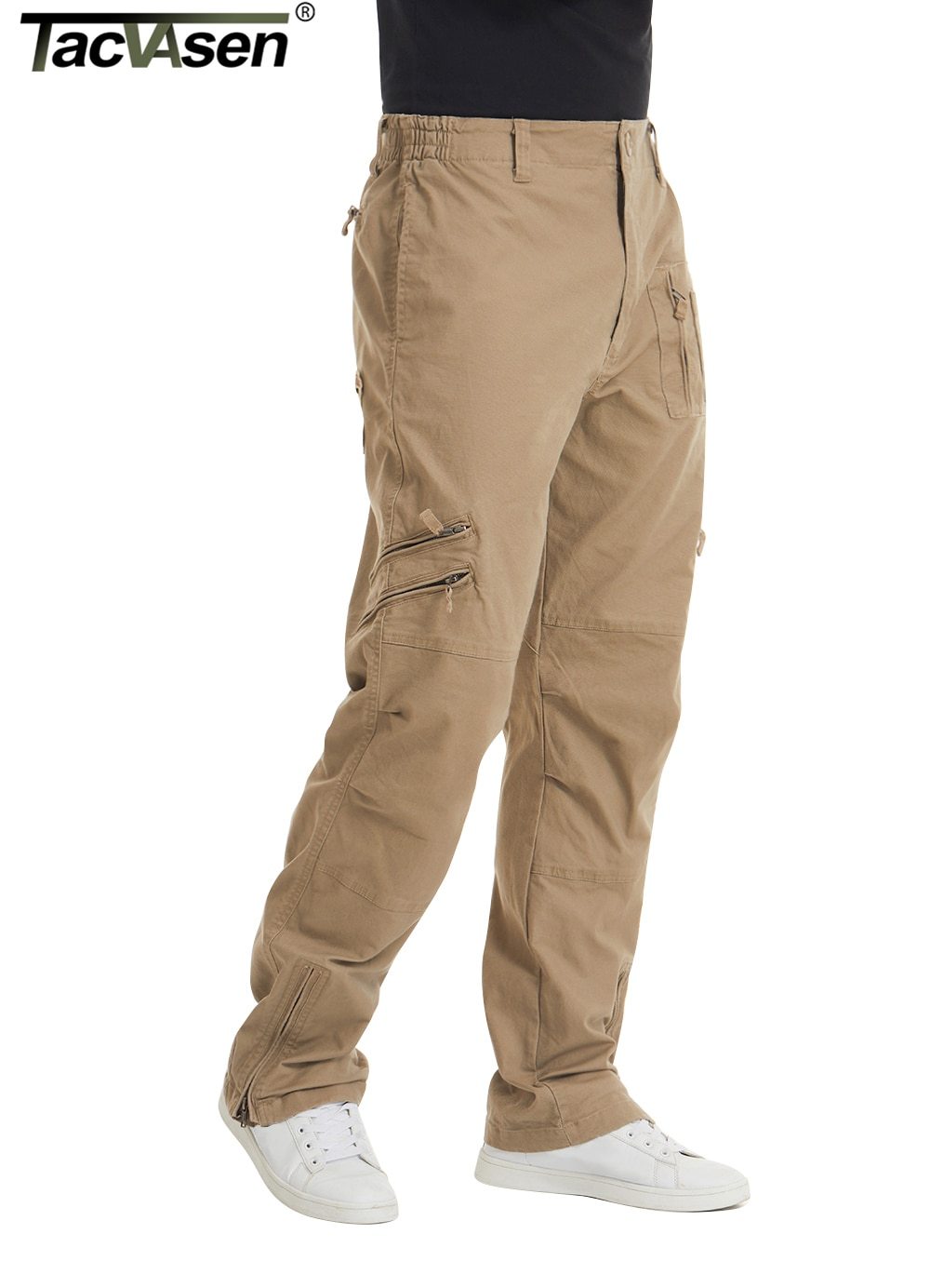 Tan cargo pants worn by a person on a white background with 'TacAsen' branding.