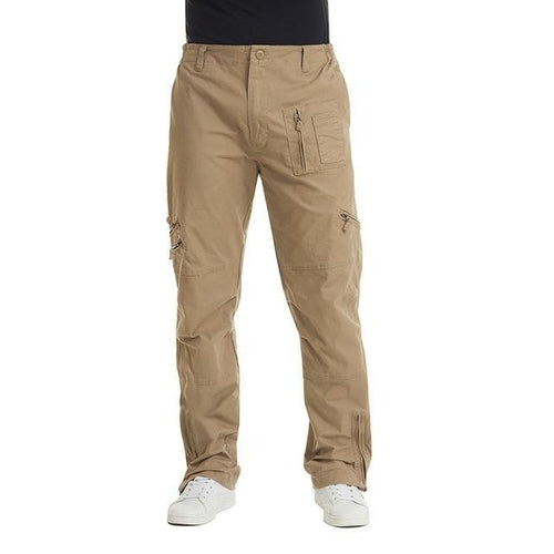Beige cargo pants worn by a person on a white background