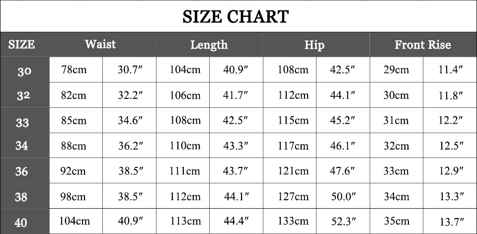 Size chart for pants with waist, length, hip, and front rise measurements.
