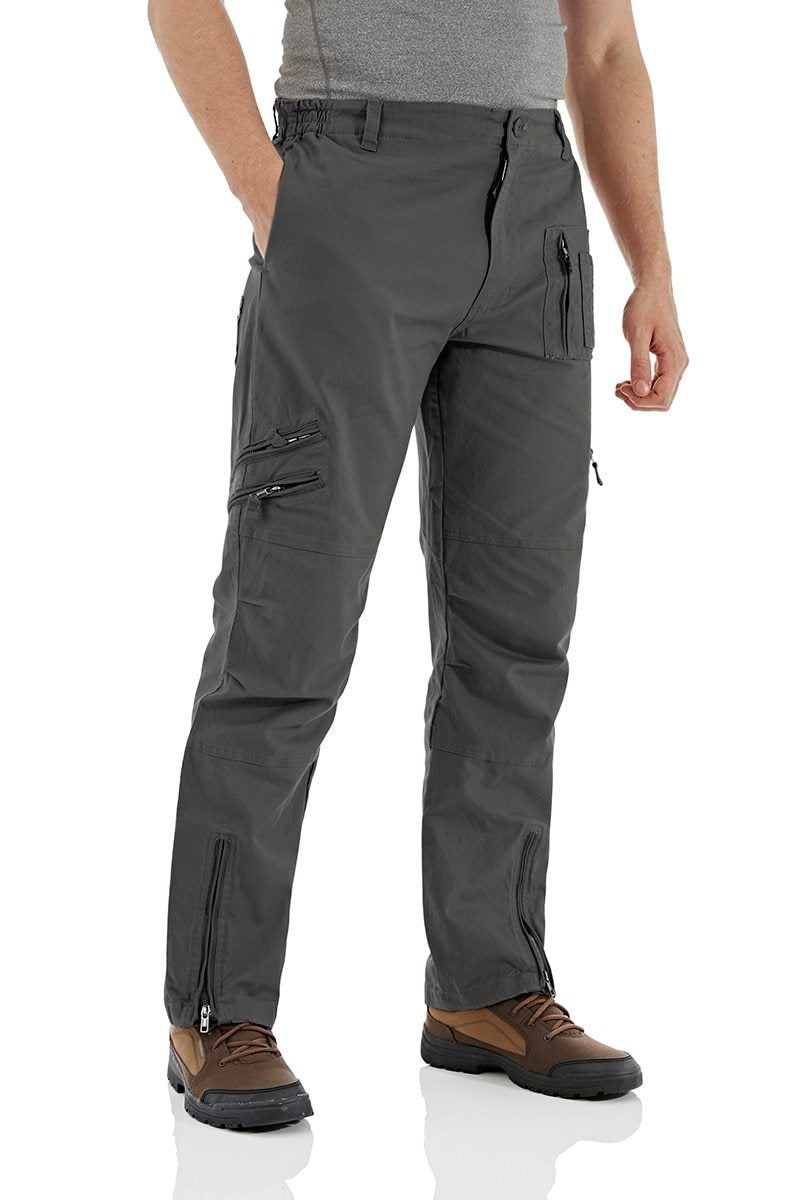 Gray cargo pants with multiple pockets and zippers on a white background