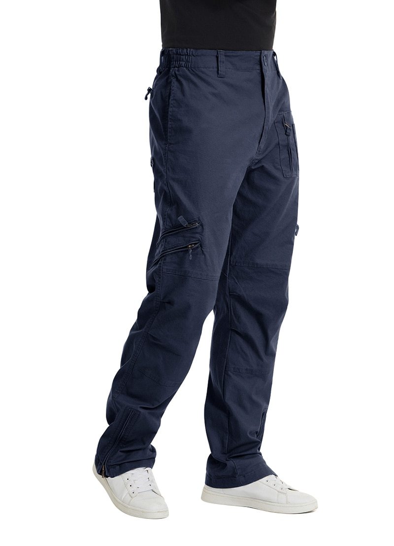 Navy cargo pants worn by a person on a white background