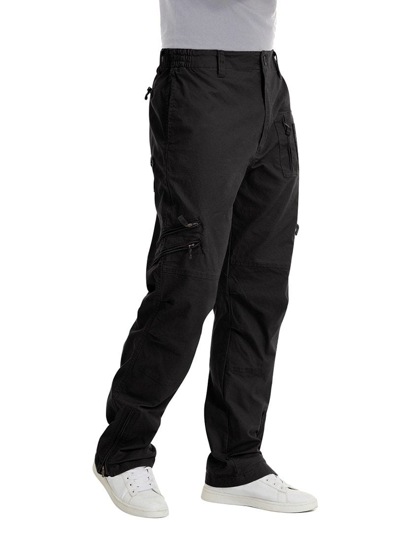Black cargo pants worn by a person on a white background