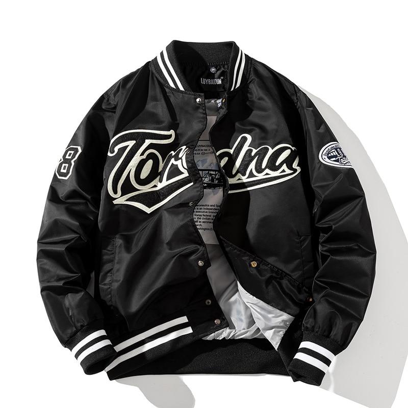 Black varsity jacket with white lettering on a white background