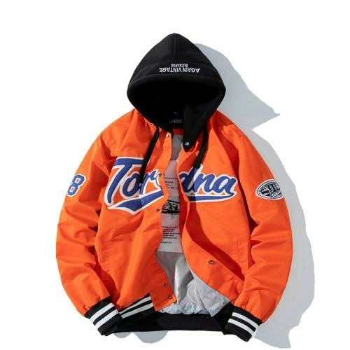 Orange jacket with branding on a white background