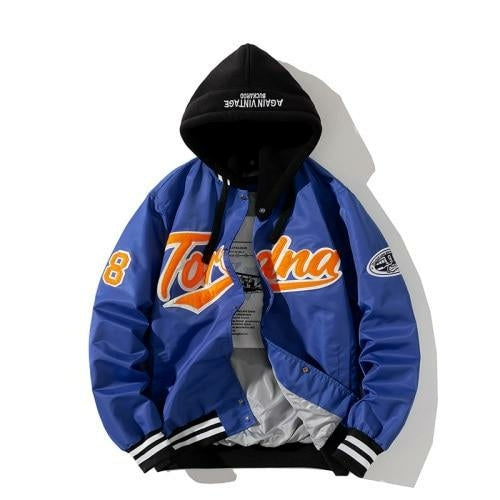 Blue jacket with orange text and black hood on a white background