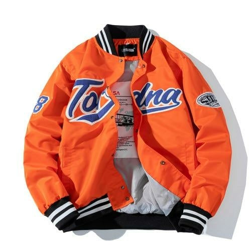 Orange jacket with branding on a white background