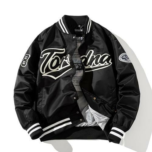Black varsity jacket with white lettering on a white background