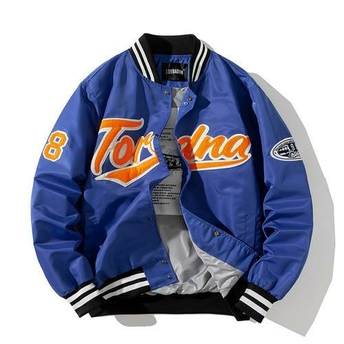 Blue varsity jacket with orange and white text on a white background